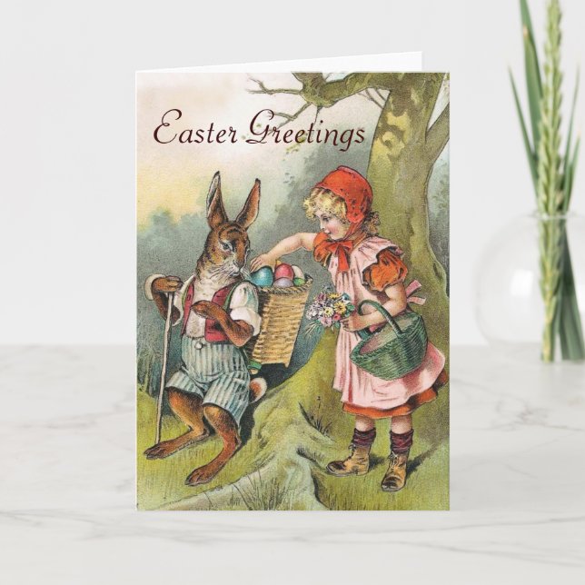 Bavarian Easter Bunny Eggs Victorian Girl Card (Front)