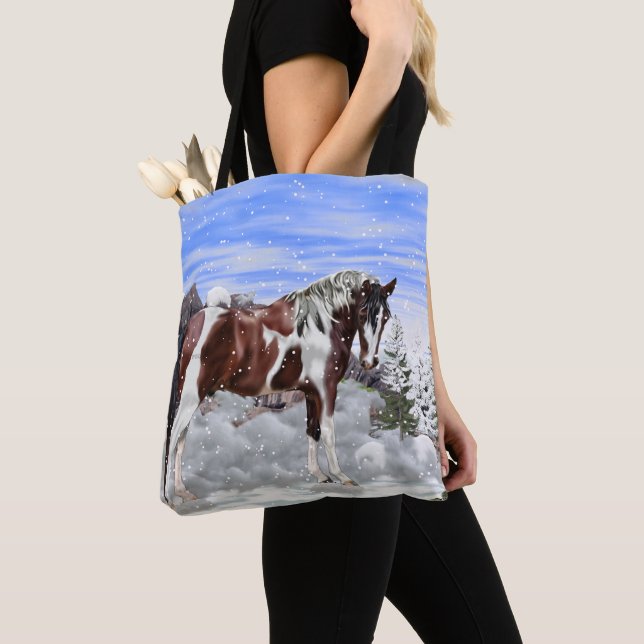 Bay and White Tobiano Paint Horse in Snow Tote Bag (Close Up)