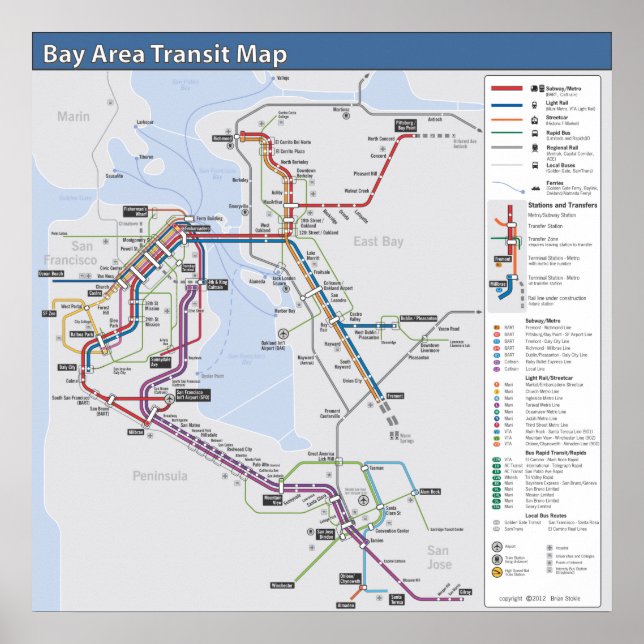 Bay Area Transit Map with Detailed Legend Poster (Front)