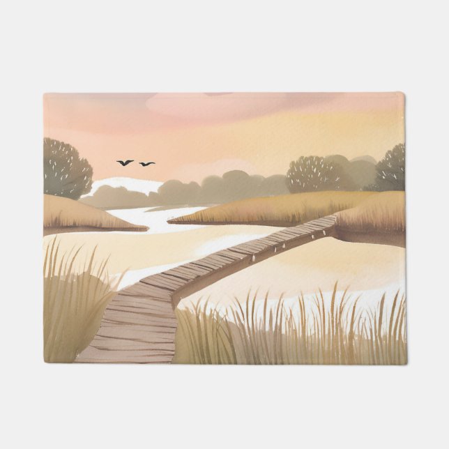 Bay Boardwalk | Airy Coastal Watercolor Painting Doormat (Front)