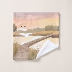 Bay Boardwalk   Airy Coastal Watercolor Painting Wash Cloth
