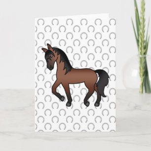 Bay Brown Trotting Horse Cute Cartoon Illustration Card