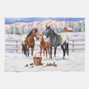 Bay Chestnut Grey Grulla Appaloosa Horses In Snow Kitchen Towel