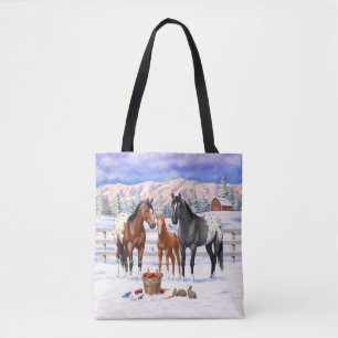 Bay Chestnut Grey Grulla Appaloosa Horses In Snow Tote Bag