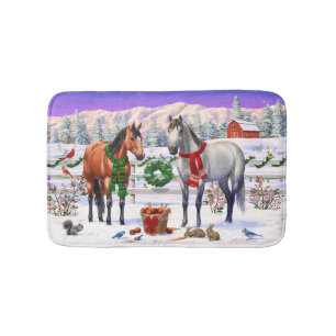 Bay & Dapple Grey Horses in Snow Christmas Farm Bath Mat