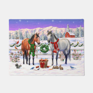 Bay & Dapple Grey Horses in Snow Christmas Farm Doormat
