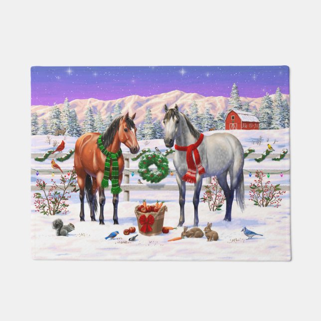Bay & Dapple Grey Horses in Snow Christmas Farm Doormat (Front)