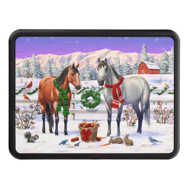 Bay & Dapple Grey Horses in Snow Christmas Farm Trailer Hitch Cover (Front)