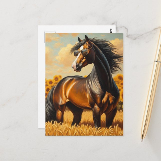 Bay Horse in Sunglasses Postcard (Front/Back In Situ)