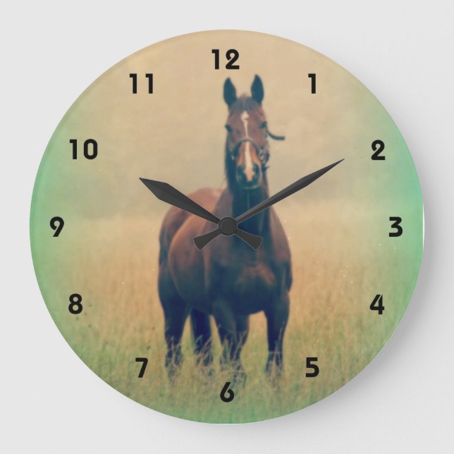 Bay Horse Standing in a Field Large Clock (Front)