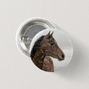 Bay Horse Standing in Gently Falling Snow 1 Inch Round Button