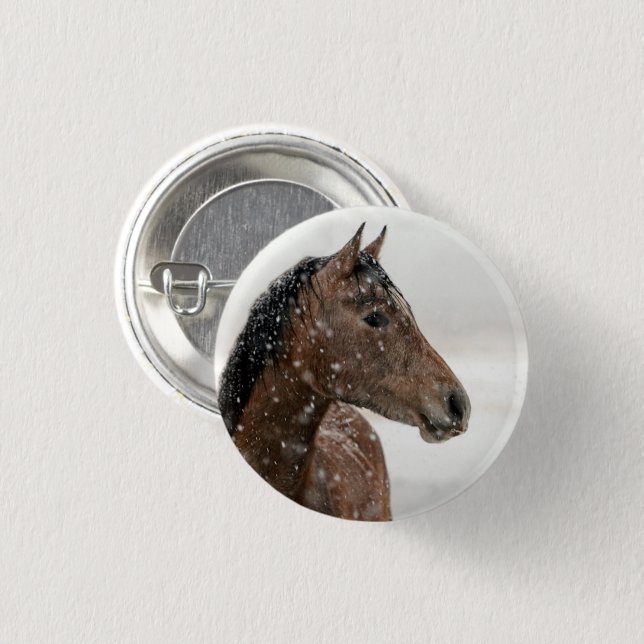 Bay Horse Standing in Gently Falling Snow 1 Inch Round Button (Front & Back)