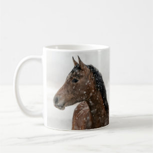 Bay Horse Standing in Softly Falling Snow Two-Tone Coffee Mug