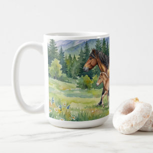 Bay Icelandic Horse and Foal in Mountain Meadow Coffee Mug