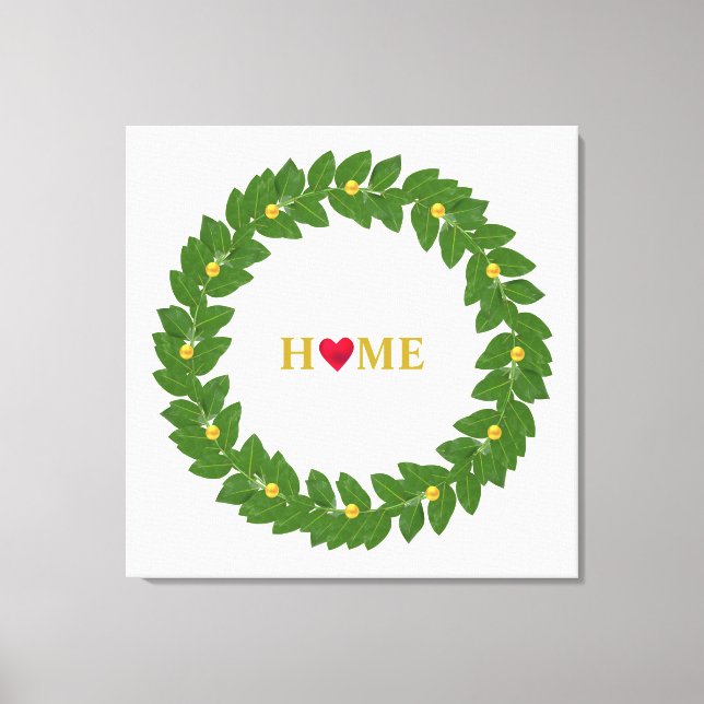 Bay Laurel Wreath, Heart Home & Gold Dots Canvas Print (Front)