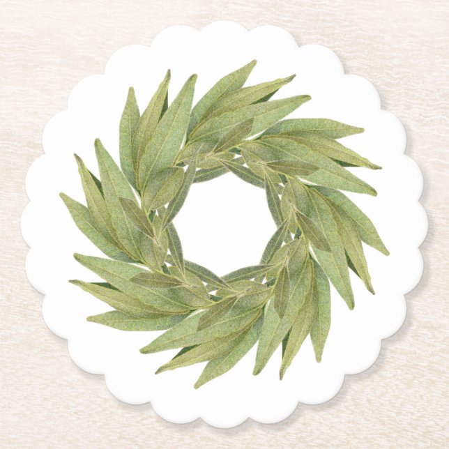 BAY LEAVES WREATH Scalloped Round Paper Coasters (Front)