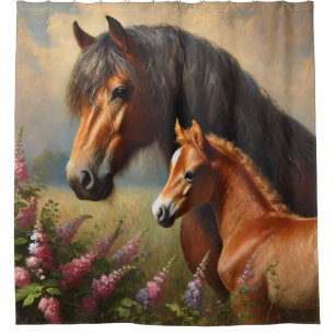 Bay Mare with a Foal Wildflowers Painting