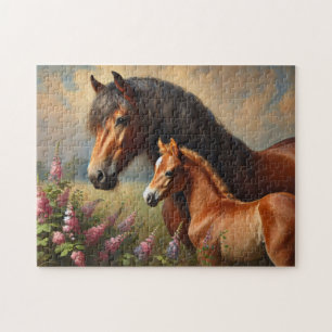 Bay Mare with a Foal Wildflowers Painting Jigsaw Puzzle