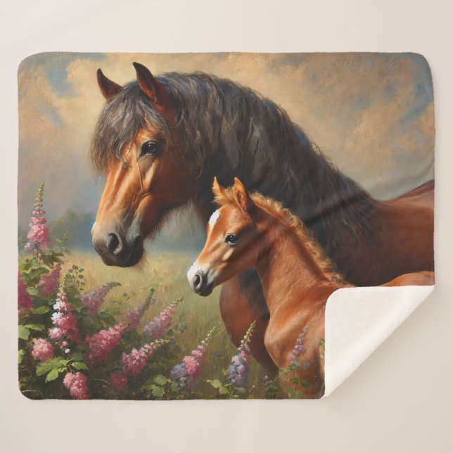 Bay Mare with a Foal Wildflowers Painting Sherpa Blanket (Front (Horizontal))