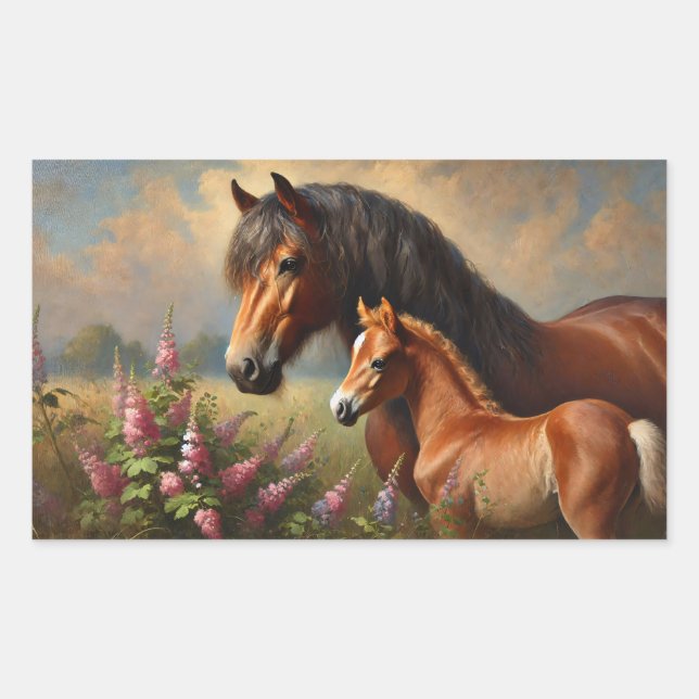 Bay Mare with a Foal Wildflowers Painting Sticker (Front)