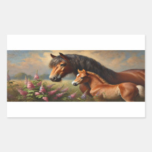 Bay Mare with a Foal Wildflowers Painting Sticker