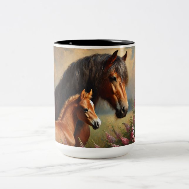 Bay Mare with a Foal Wildflowers Painting Two-Tone Coffee Mug (Center)