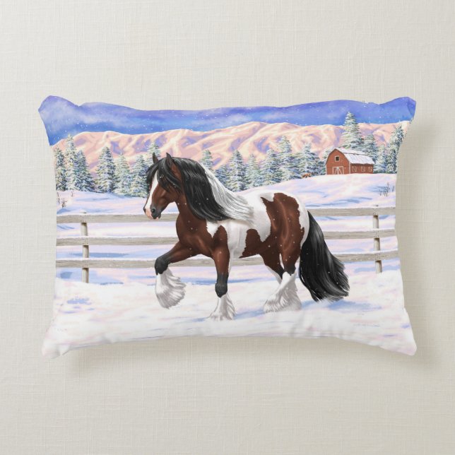 Bay Pinto Brown Skewbald Gypsy Vanner Tinker Horse Accent Pillow (Front)