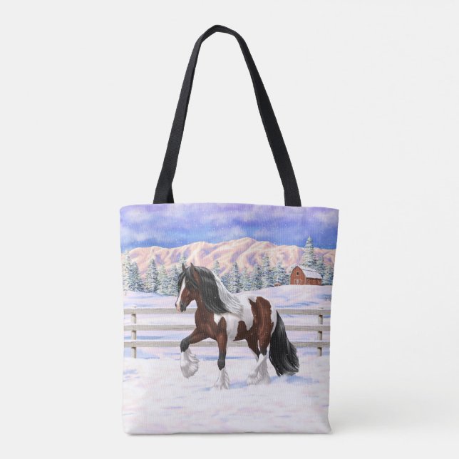 Bay Pinto Gypsy Vanner Draught Horse In Snow Tote Bag (Back)
