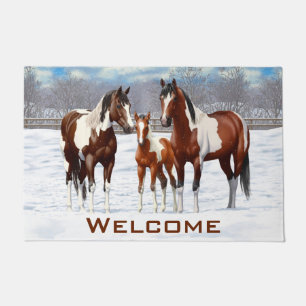 Bay Pinto Paint Horses In Winter Snow Doormat