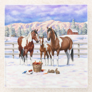 Bay Pinto Paint Horses In Winter Snow Glass Coaster