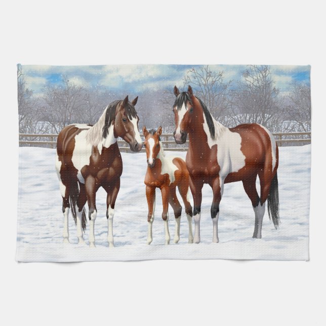 Bay Pinto Paint Horses In Winter Snow Kitchen Towel (Horizontal)