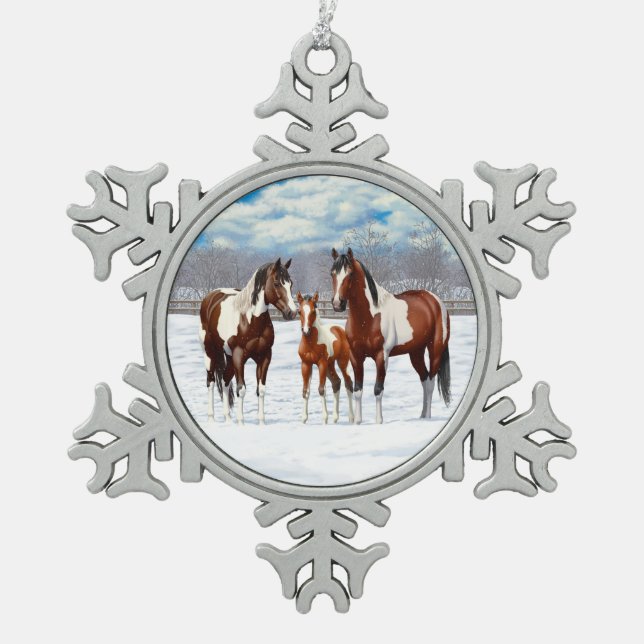 Bay Pinto Paint Horses In Winter Snow Snowflake Pewter Christmas Ornament (Front)