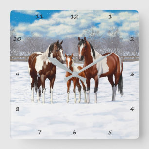 Bay Pinto Paint Horses In Winter Snow Square Wall Clock