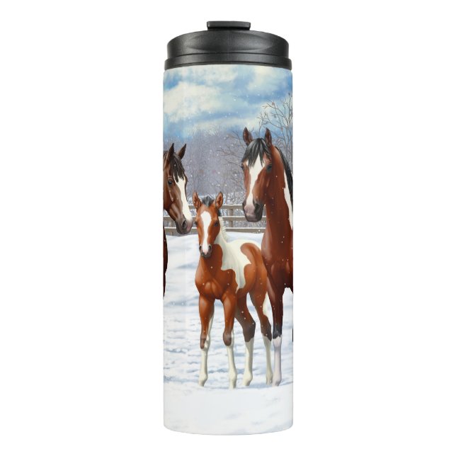 Bay Pinto Paint Horses In Winter Snow Thermal Tumbler (Front)