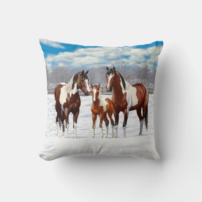 Bay Pinto Paint Horses In Winter Snow Throw Pillow (Front)