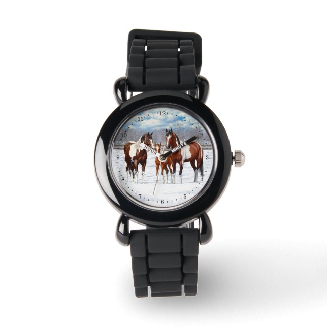 Bay Pinto Paint Horses In Winter Snow Watch (Front)
