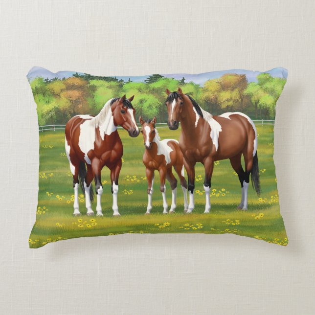 Bay Pinto Paint Quarter Horses In Summer Pasture Accent Pillow (Front)