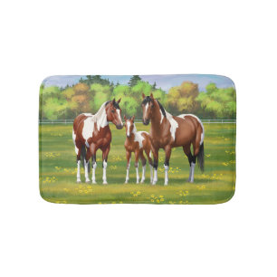 Bay Pinto Paint Quarter Horses In Summer Pasture Bath Mat