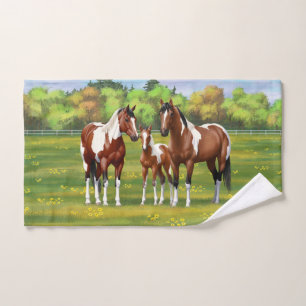 Bay Pinto Paint Quarter Horses In Summer Pasture Bath Towel Set