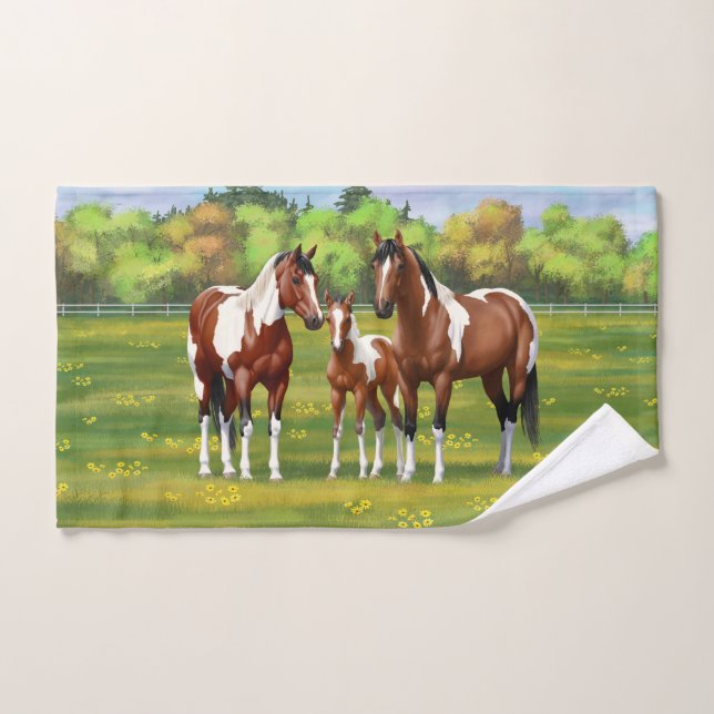 Bay Pinto Paint Quarter Horses In Summer Pasture Bath Towel Set (Hand Towel)