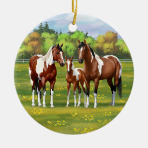 Bay Pinto Paint Quarter Horses In Summer Pasture Ceramic Ornament