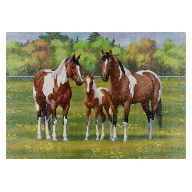 Bay Pinto Paint Quarter Horses In Summer Pasture Cutting Board (Front)