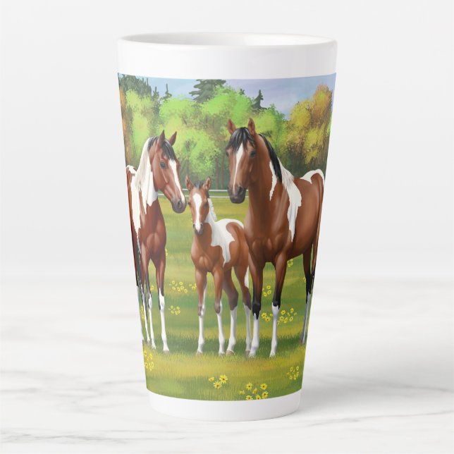 Bay Pinto Paint Quarter Horses In Summer Pasture Latte Mug (Front)