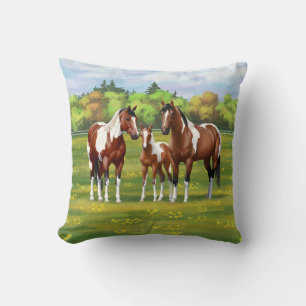 Bay Pinto Paint Quarter Horses In Summer Pasture Throw Pillow