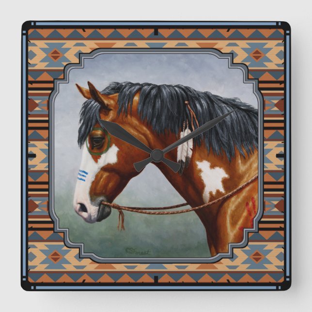 Bay Pinto War Horse Southwestern Design Square Wall Clock (Front)