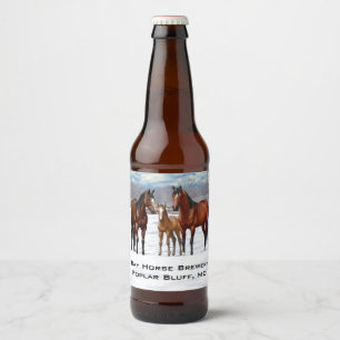 Bay Quarter Horses In Snow Personalized Beer Bottle Label