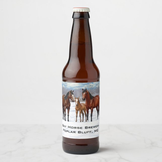 Bay Quarter Horses In Snow Personalized Beer Bottle Label (Front)