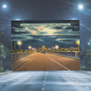 Bay Street Viaduct Night Savannah GA retro Postcard