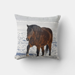 Bay Winter Mare & Snowy Field Throw Pillow