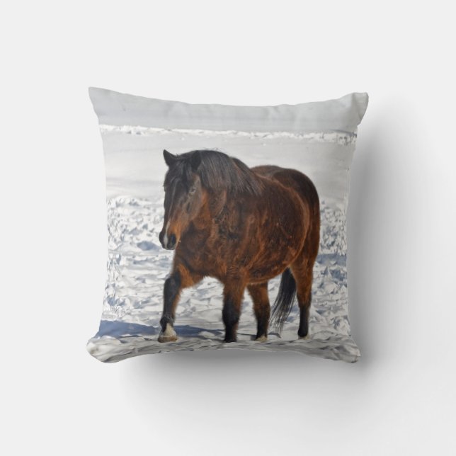 Bay Winter Mare & Snowy Field Throw Pillow (Front)